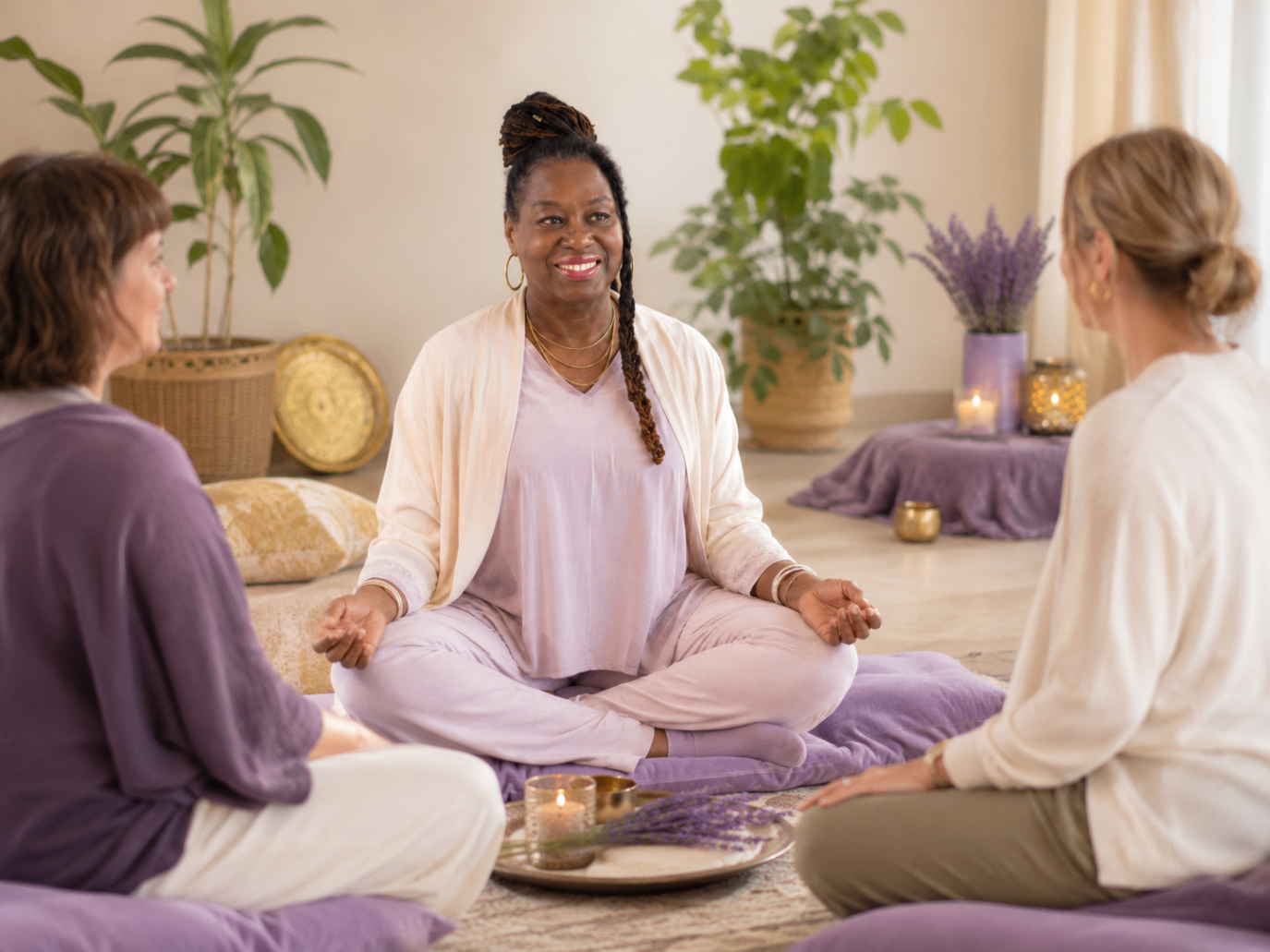 A small guided meditation group sitting on cushions
