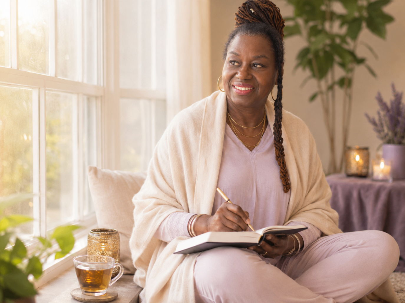 Hilary Rose writing in a journal by a bright window